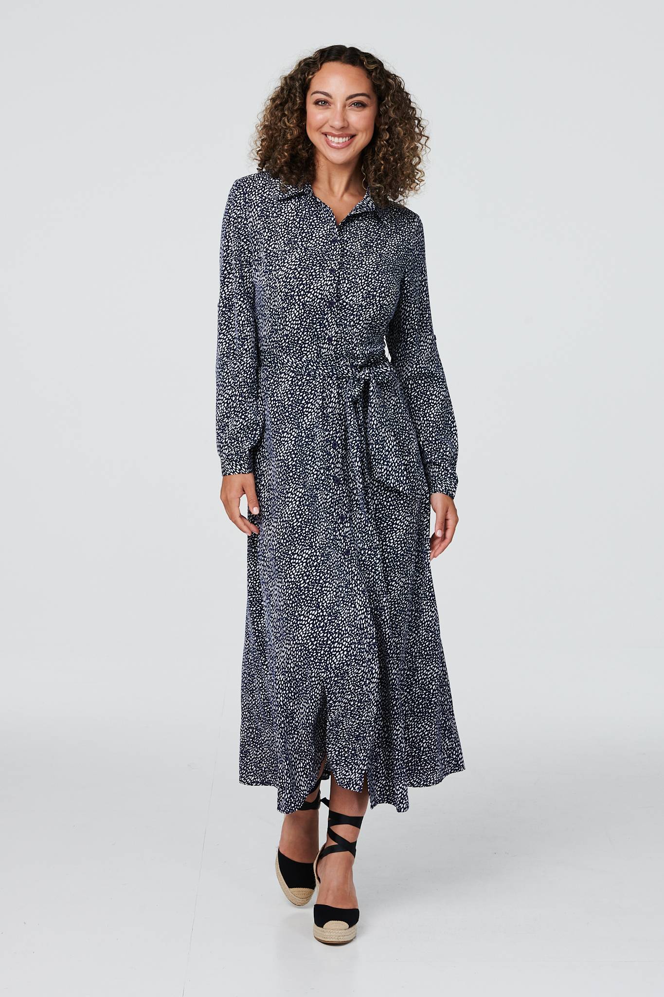 Navy | Ditsy Print 3/4 Sleeve Shirt Dress