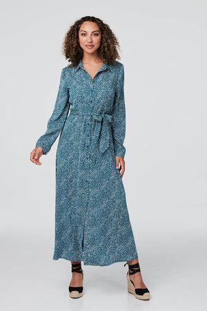 Teal | Ditsy Print 3/4 Sleeve Shirt Dress