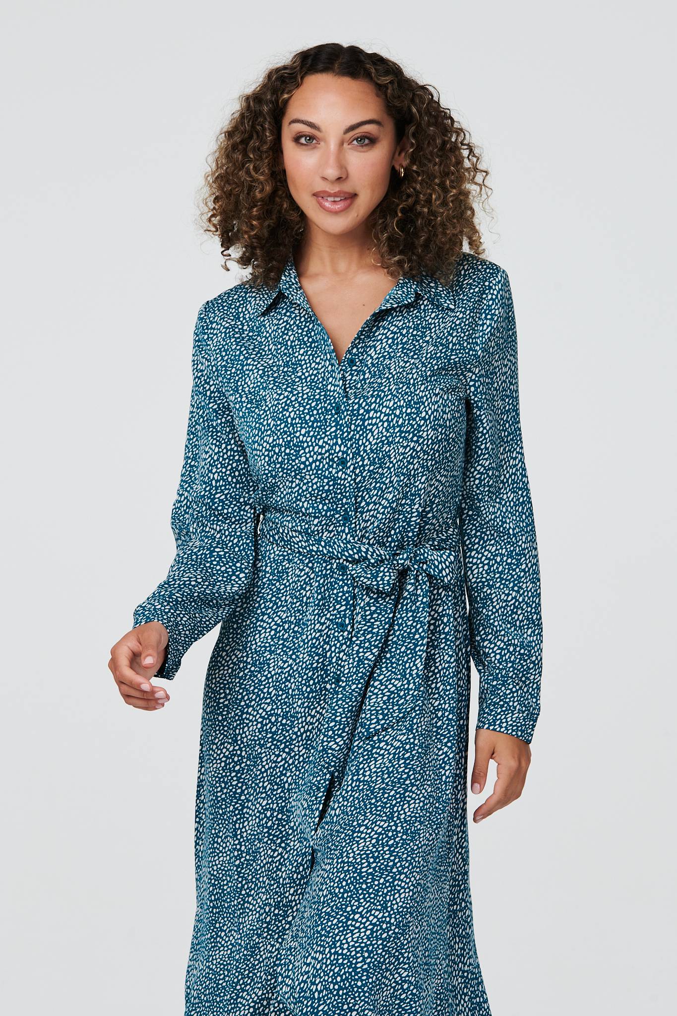 Teal | Ditsy Print 3/4 Sleeve Shirt Dress