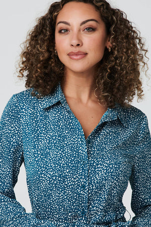 Teal | Ditsy Print 3/4 Sleeve Shirt Dress