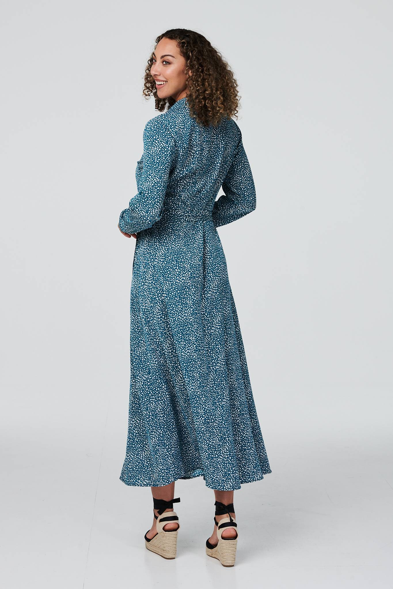 Teal | Ditsy Print 3/4 Sleeve Shirt Dress