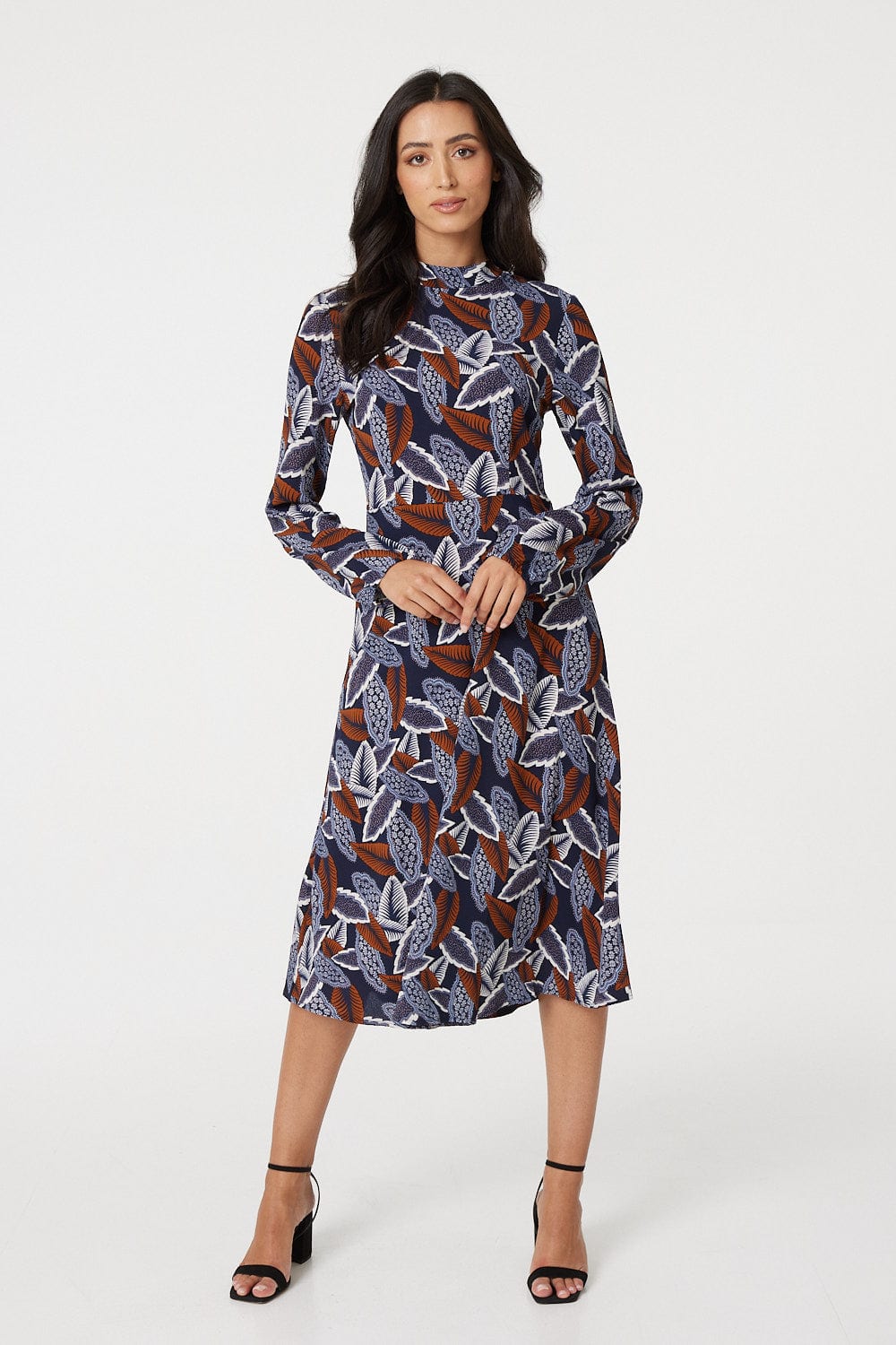 Brown | Leaf Print High Neck Tea Dress