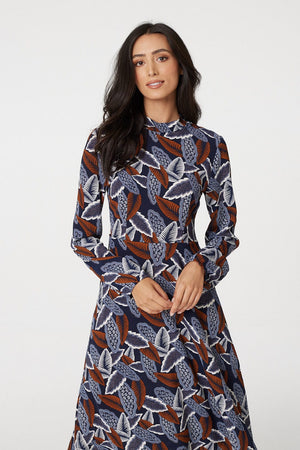 Brown | Leaf Print High Neck Tea Dress