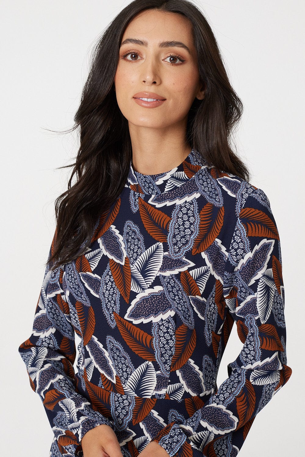 Brown | Leaf Print High Neck Tea Dress