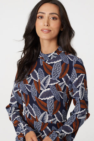 Brown | Leaf Print High Neck Tea Dress