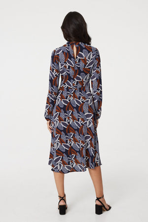 Brown | Leaf Print High Neck Tea Dress