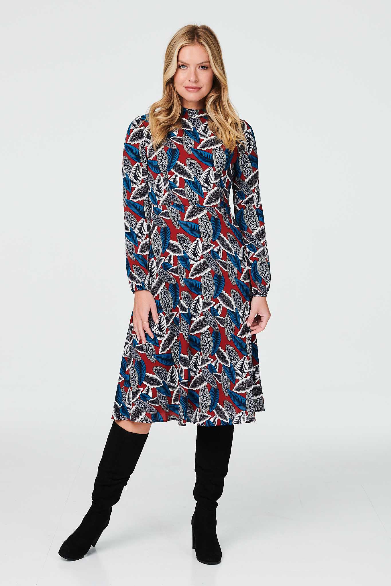 Red | Leaf Print High Neck Tea Dress