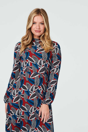 Red | Leaf Print High Neck Tea Dress