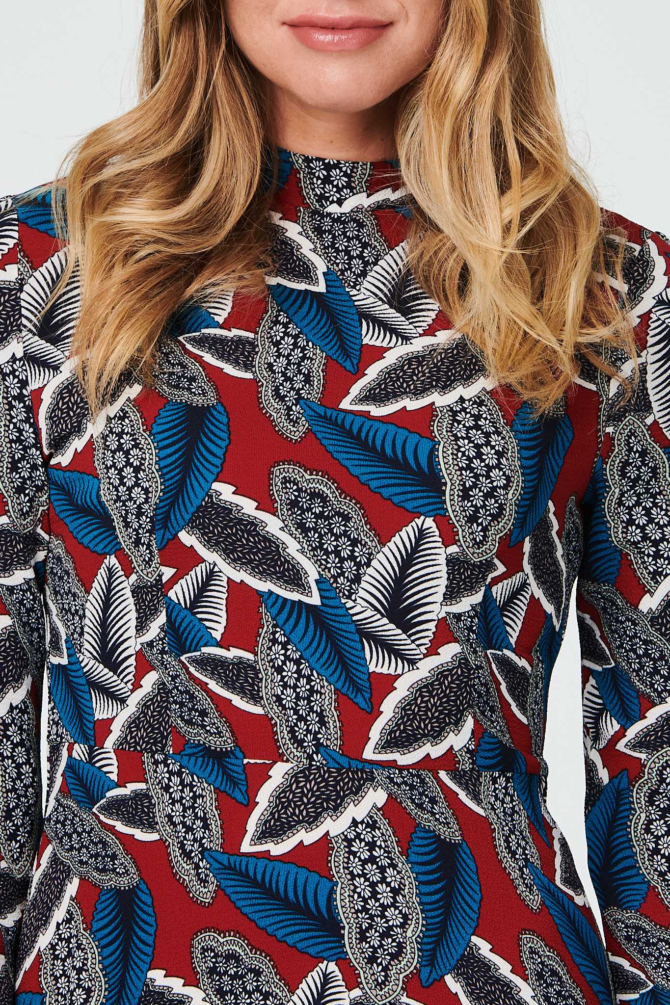 Leaf Print High Neck Tea Dress