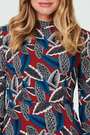 Leaf Print High Neck Tea Dress
