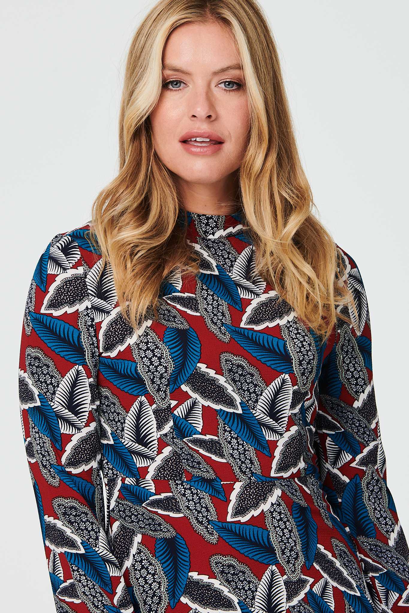 Red | Leaf Print High Neck Tea Dress