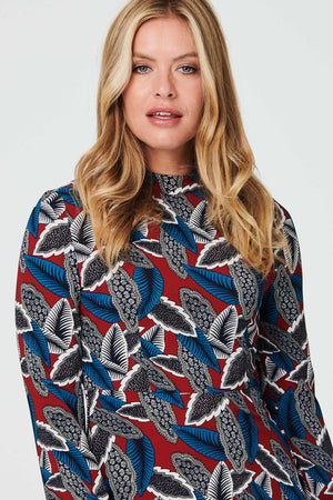 Red | Leaf Print High Neck Tea Dress