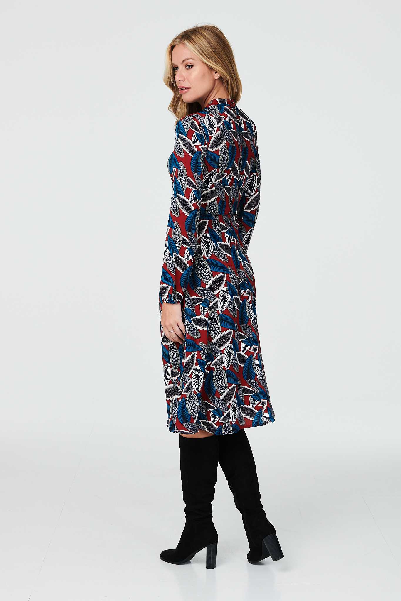 Red | Leaf Print High Neck Tea Dress