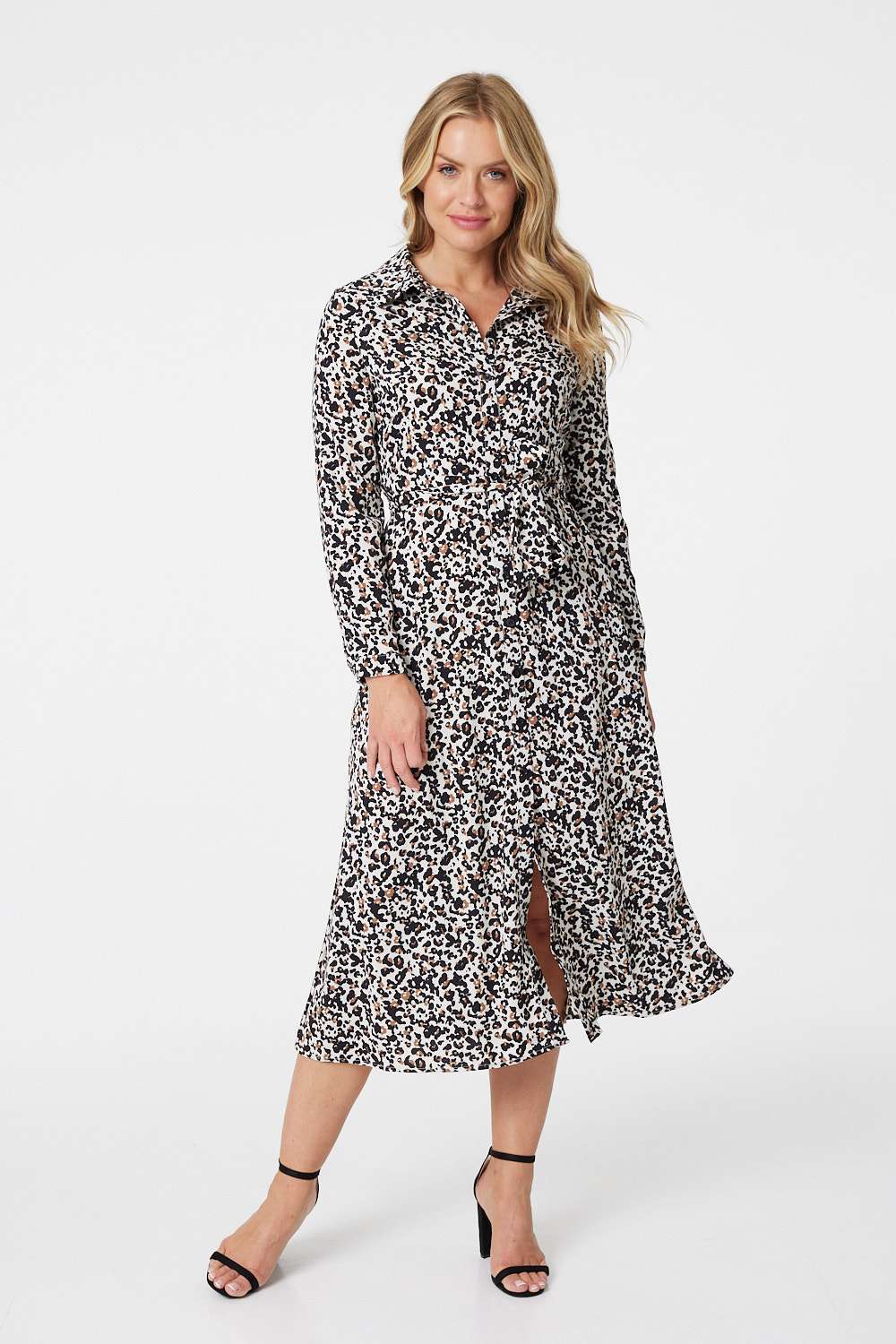 Animal Print Long Sleeve Shirt Dress Izabel London