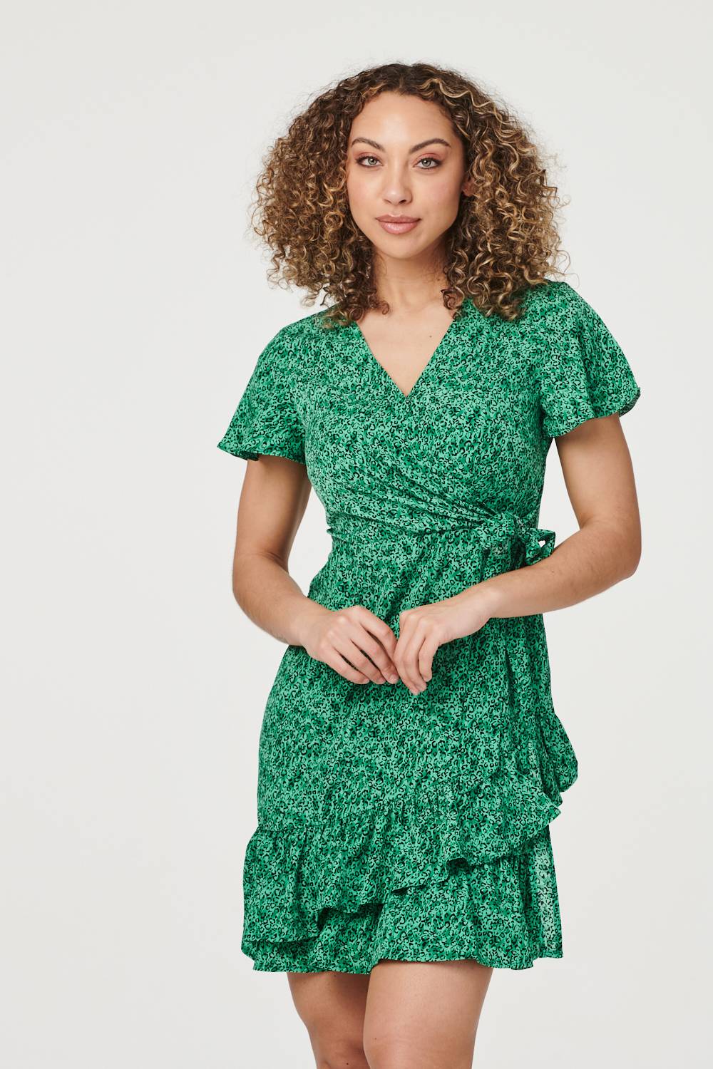 Green | Ditsy Print Angel Sleeve Wrap Dress