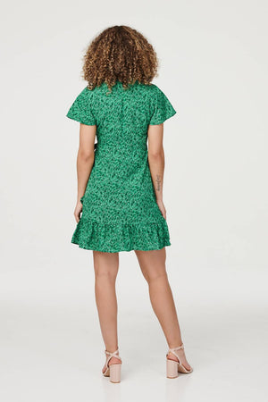 Green | Ditsy Print Angel Sleeve Wrap Dress