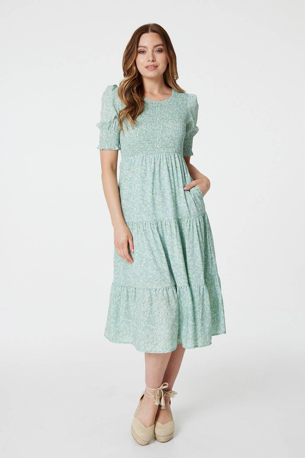 Mint | Ditsy Floral Puff Sleeve Midi Dress
