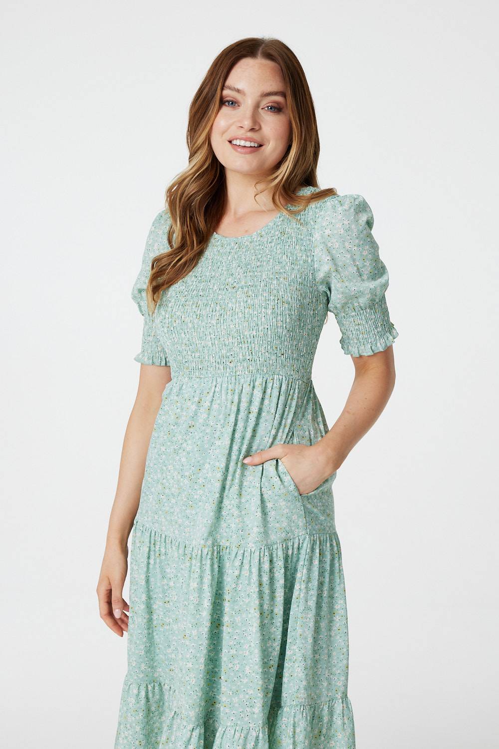 Mint | Ditsy Floral Puff Sleeve Midi Dress