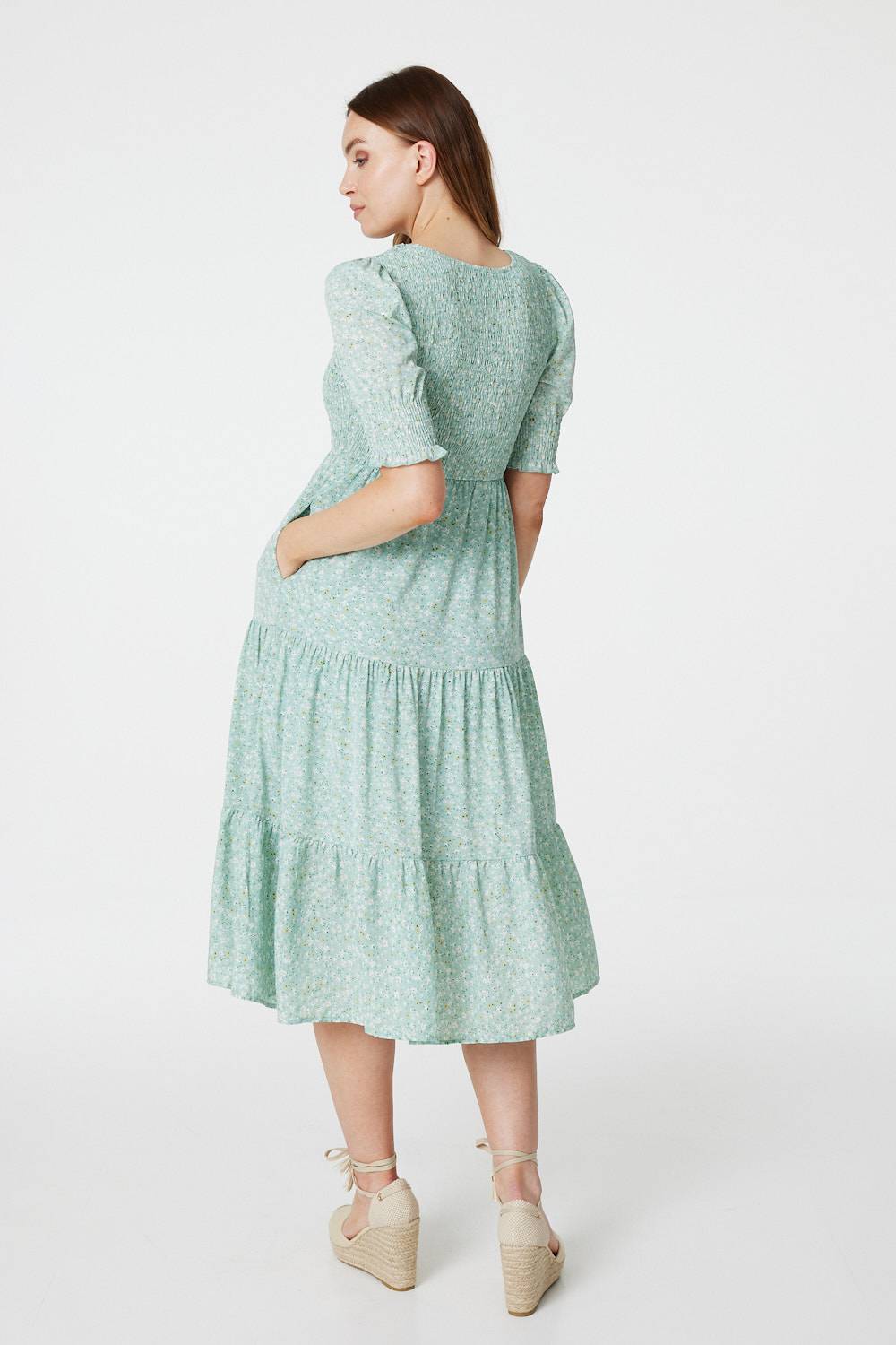 Mint | Ditsy Floral Puff Sleeve Midi Dress