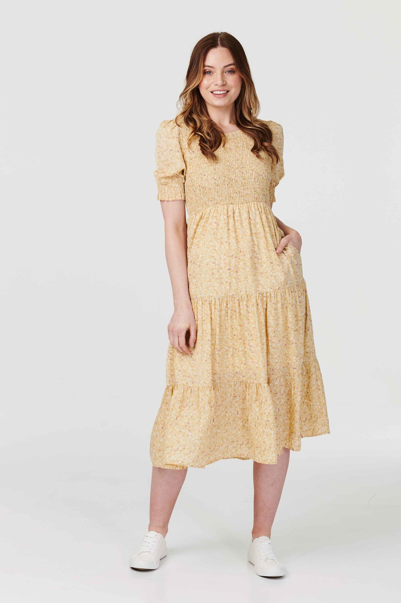 Yellow | Ditsy Floral Puff Sleeve Midi Dress