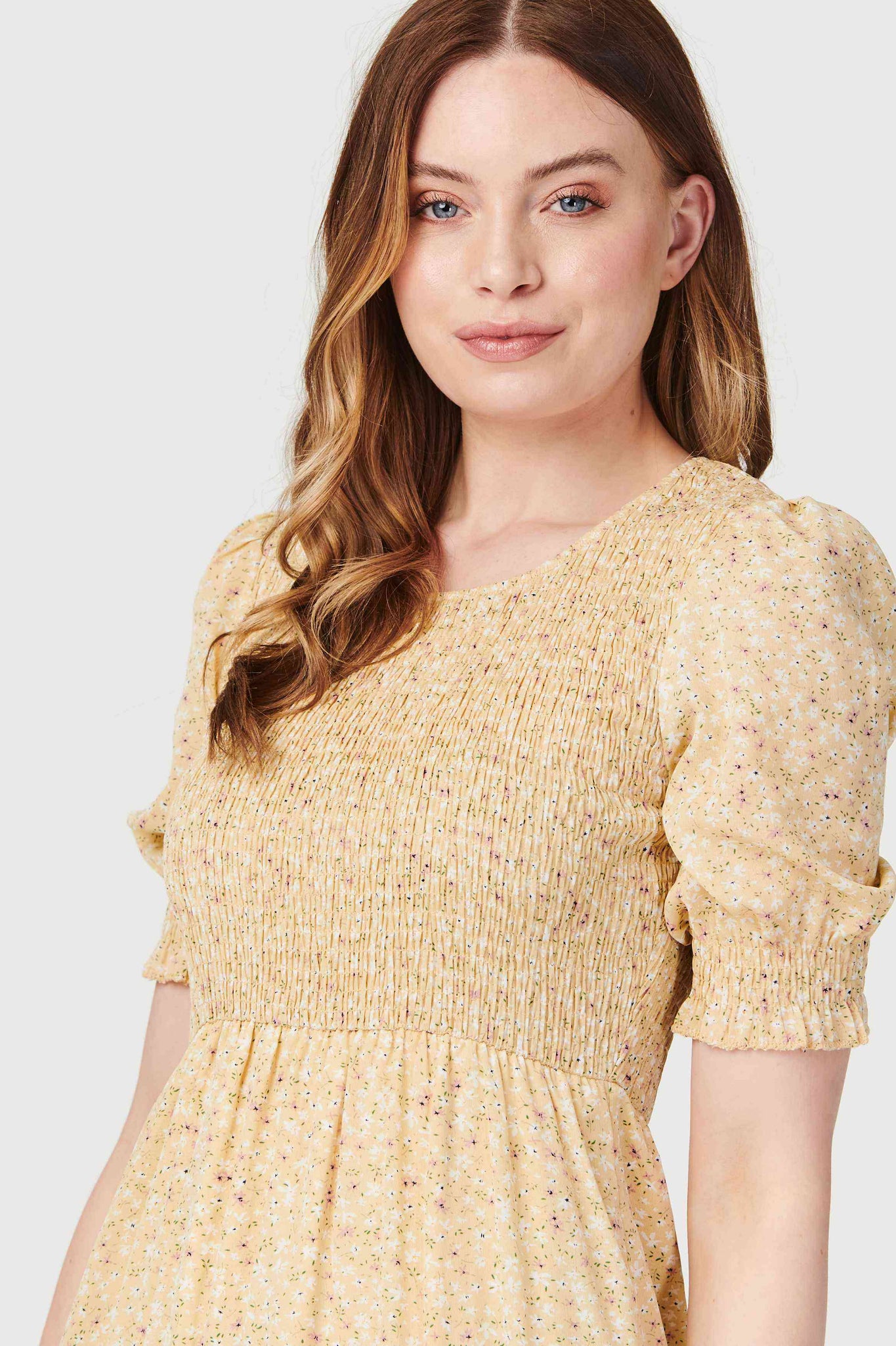 Yellow | Ditsy Floral Puff Sleeve Midi Dress