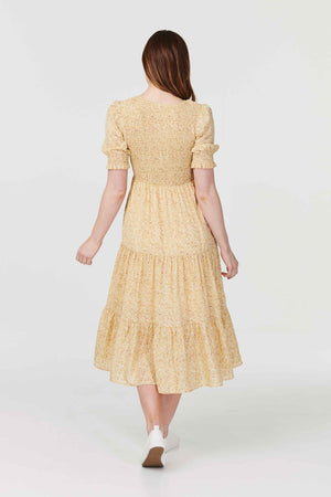 Yellow | Ditsy Floral Puff Sleeve Midi Dress