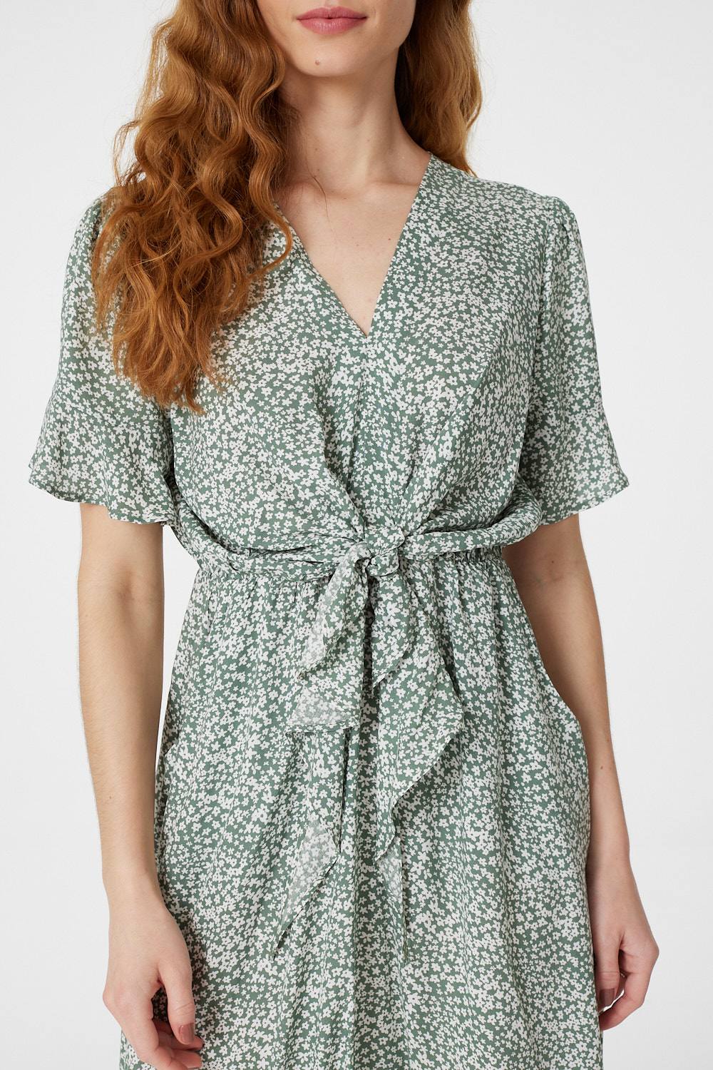 Green | Ditsy Print Tie Front Tea Dress