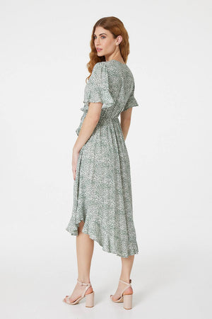 Green | Ditsy Print Tie Front Tea Dress
