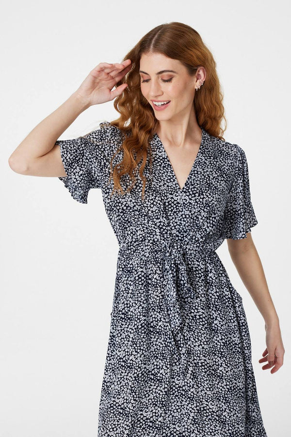 Navy | Ditsy Print Tie Front Tea Dress