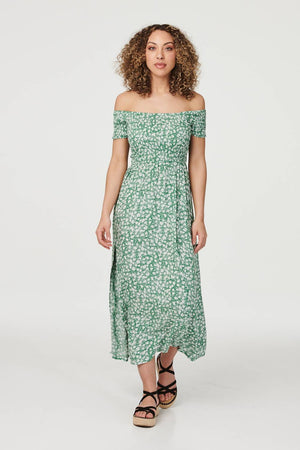 Green | Ditsy Floral Bardot Maxi Dress