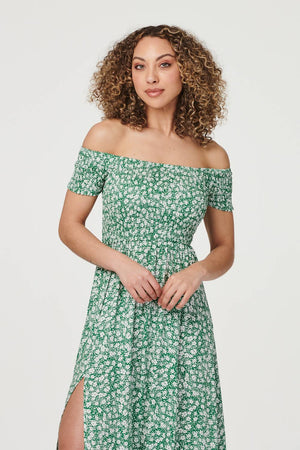 Green | Ditsy Floral Bardot Maxi Dress
