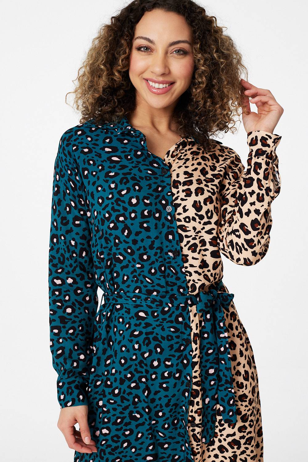 Teal | Animal Print Colour Block Shirt Dress