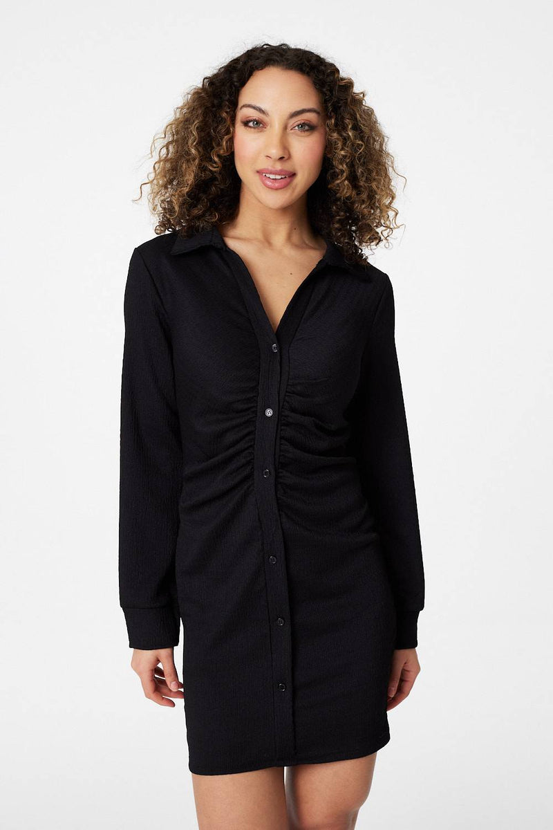 Black | Ruched Button Front Shirt Dress