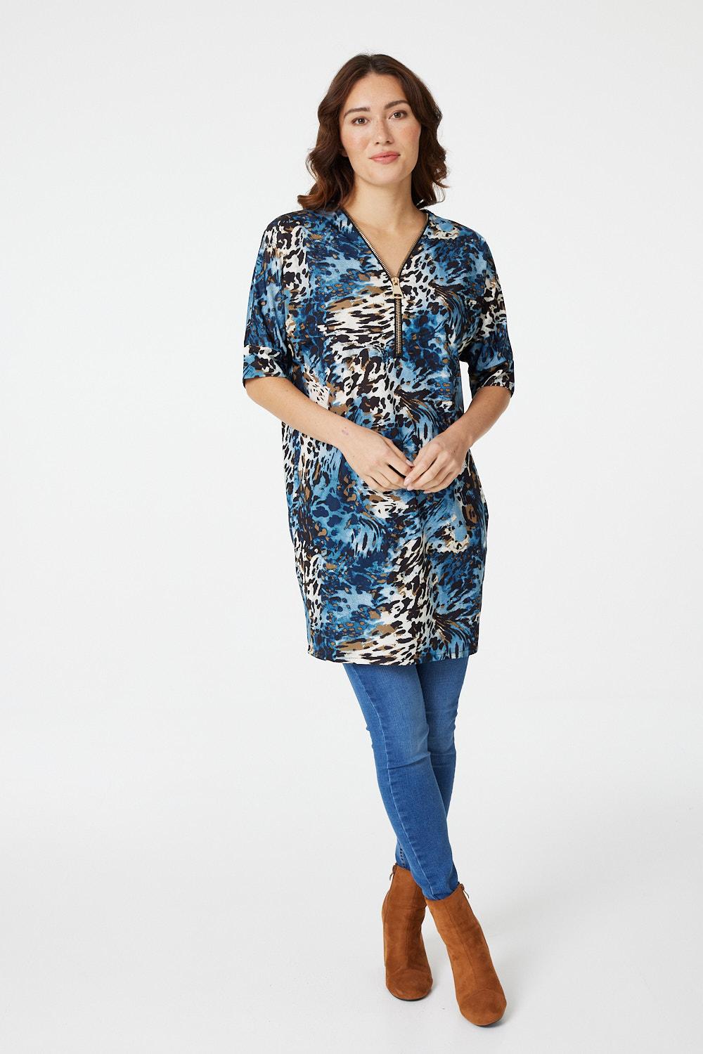 Blue | Printed Zip Front Short Shift Dress