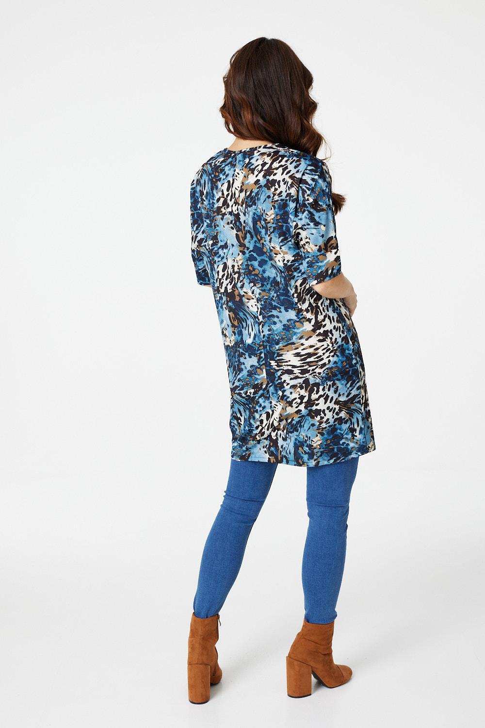 Blue | Printed Zip Front Short Shift Dress