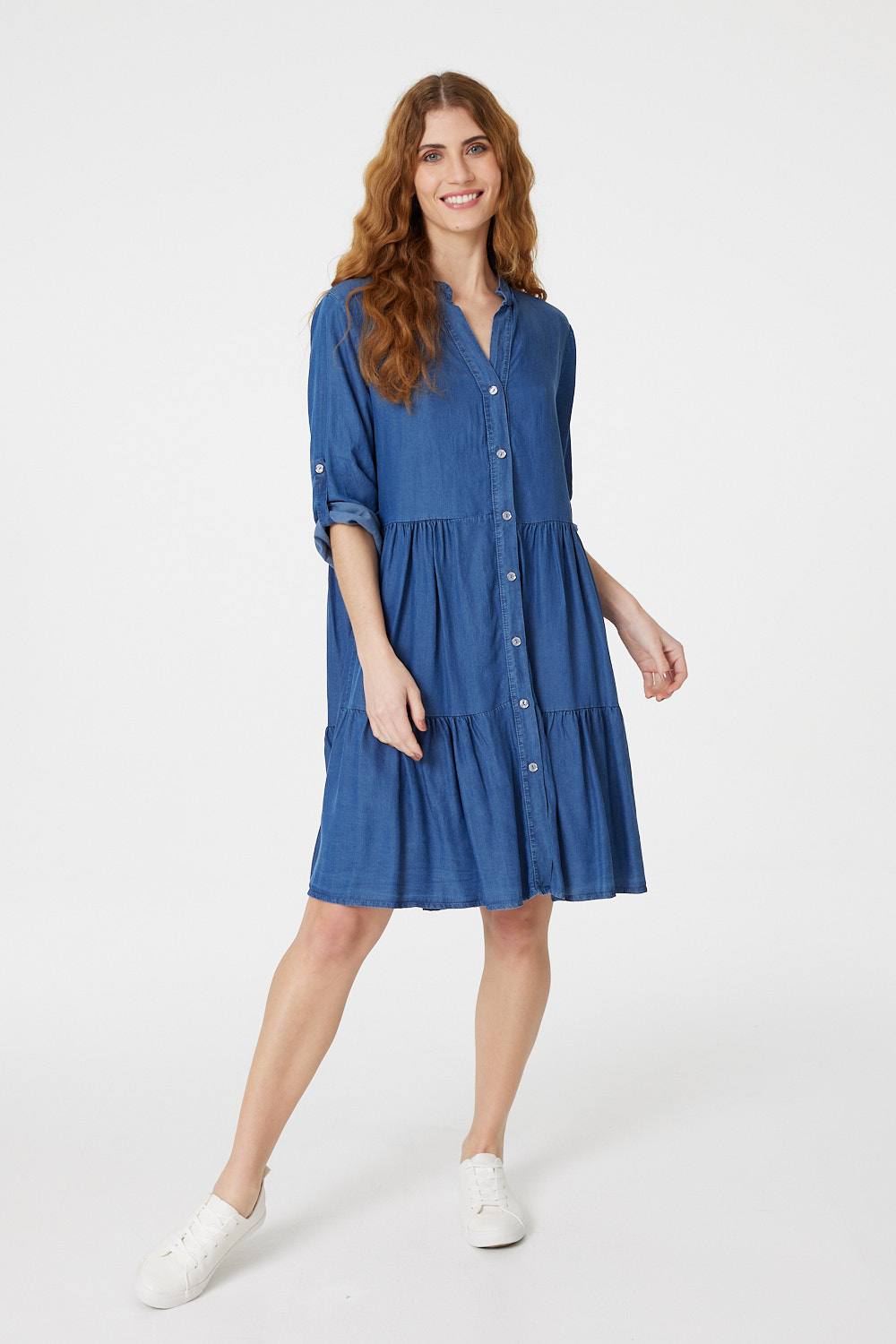 Blue | Button Front Tiered Smock Dress