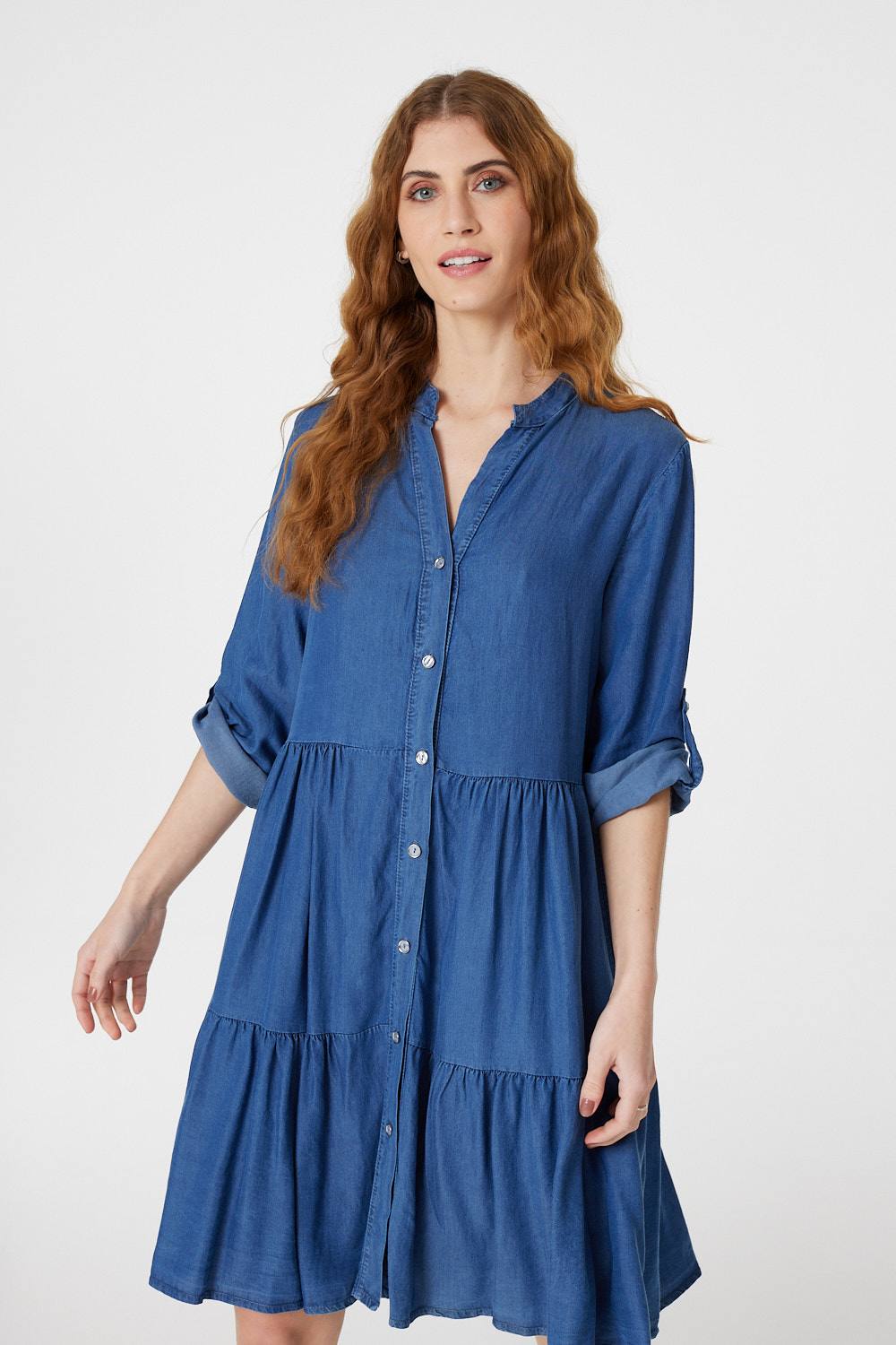 Blue | Button Front Tiered Smock Dress