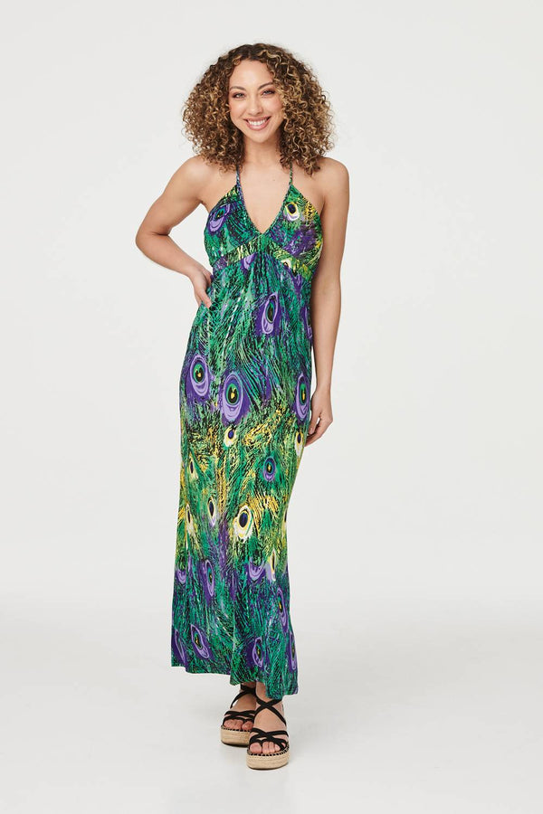 Green | Peacock Print Halterneck Maxi Dress : Model is 5'8"/172 cm and wears UK8/EU36/US4/AUS8