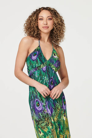 Green | Peacock Print Halterneck Maxi Dress