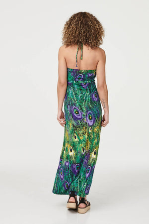 Green | Peacock Print Halterneck Maxi Dress