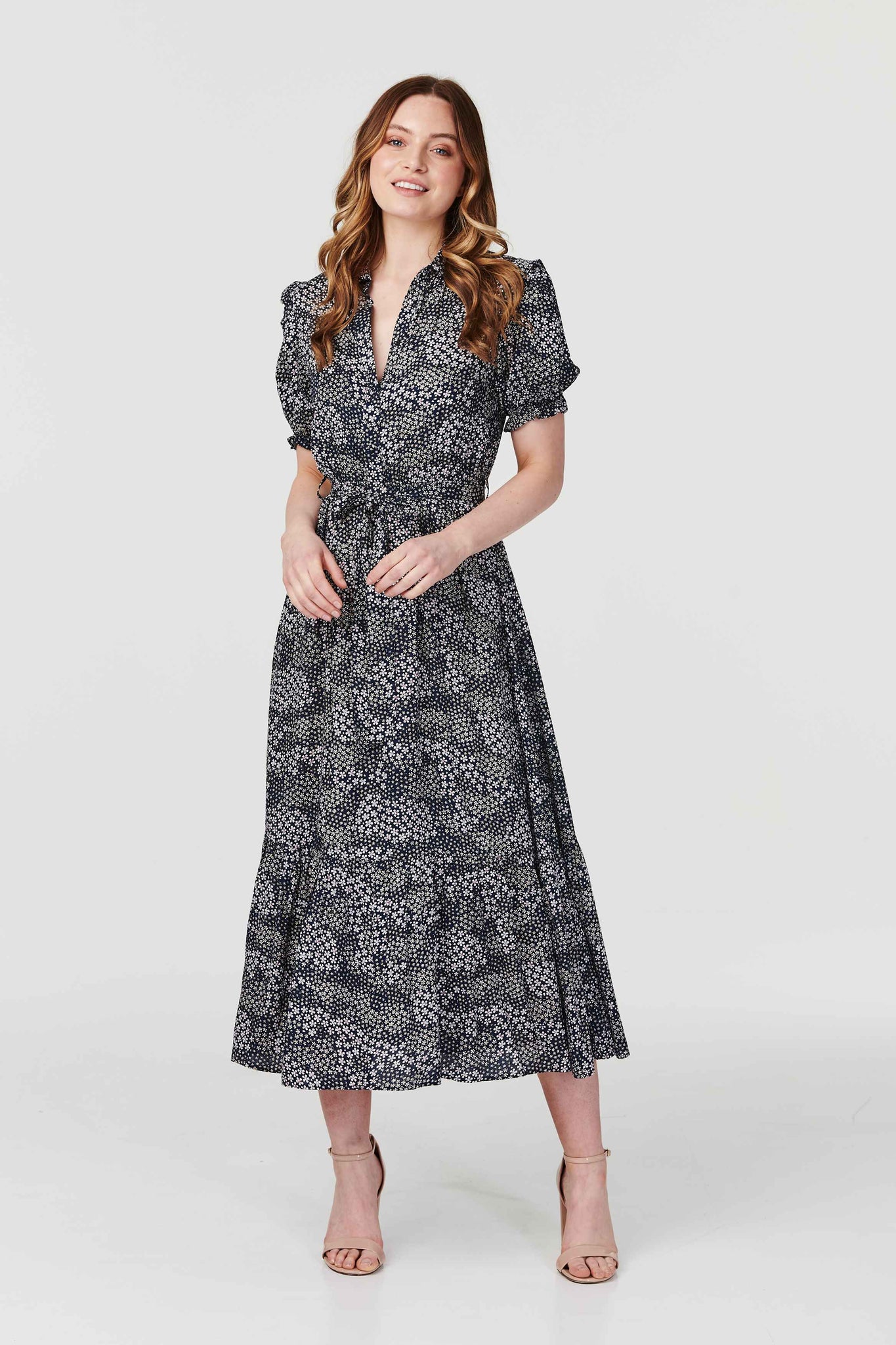 Navy | Ditsy Floral Short Sleeve Shirt Dress