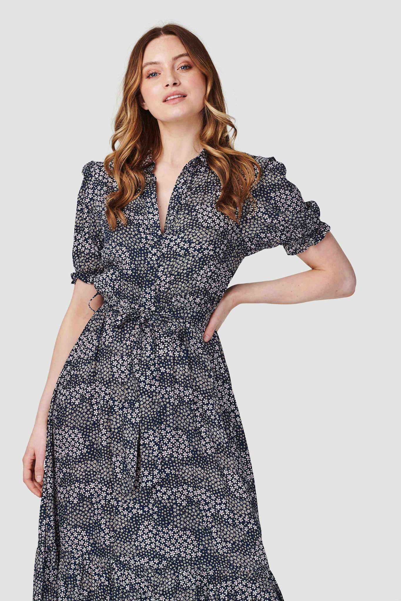 Navy | Ditsy Floral Short Sleeve Shirt Dress