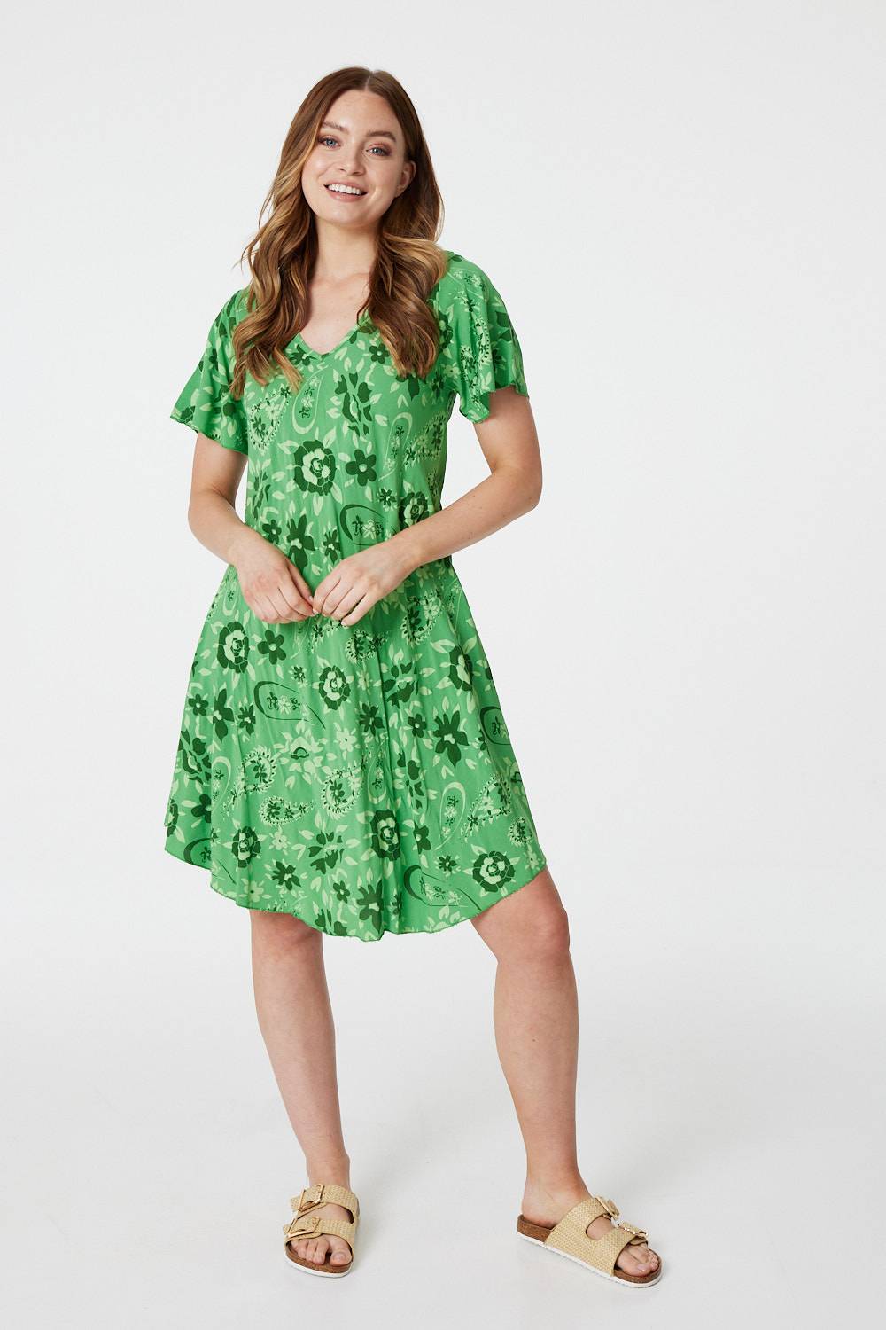 Green | Floral Short Sleeve Swing Dress