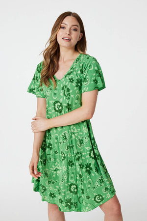 Green | Floral Short Sleeve Swing Dress