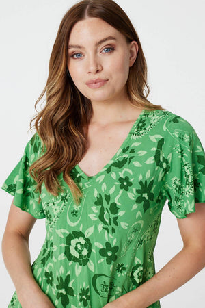 Green | Floral Short Sleeve Swing Dress