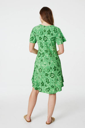 Green | Floral Short Sleeve Swing Dress