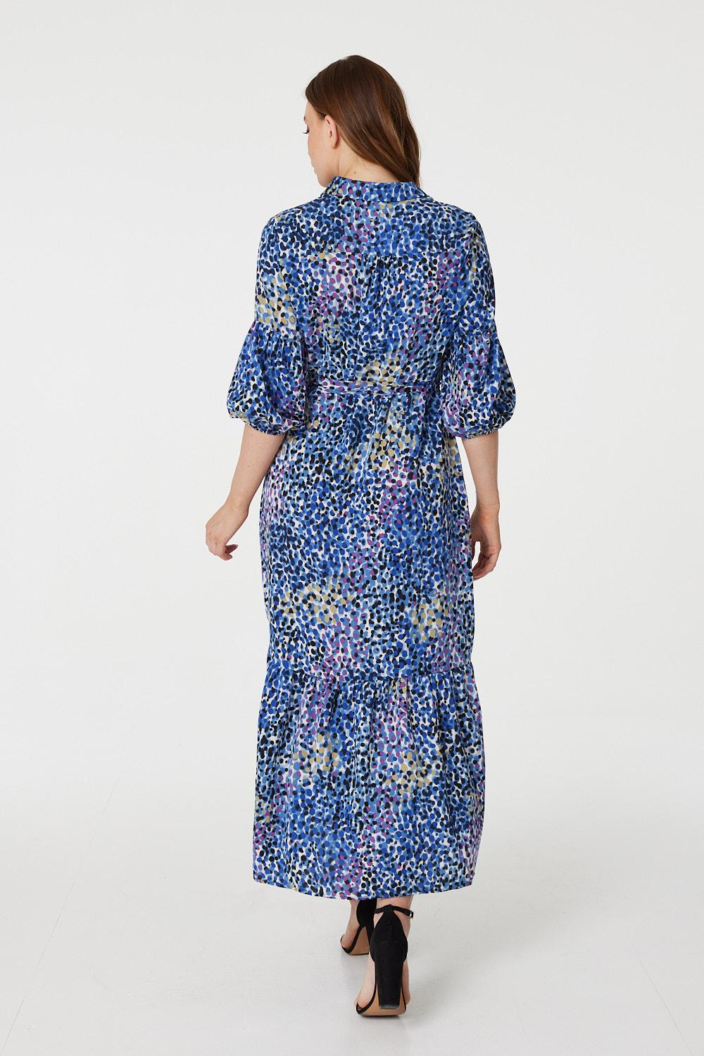 Blue | Animal Print Tiered Shirt Dress