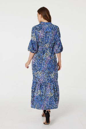 Blue | Animal Print Tiered Shirt Dress