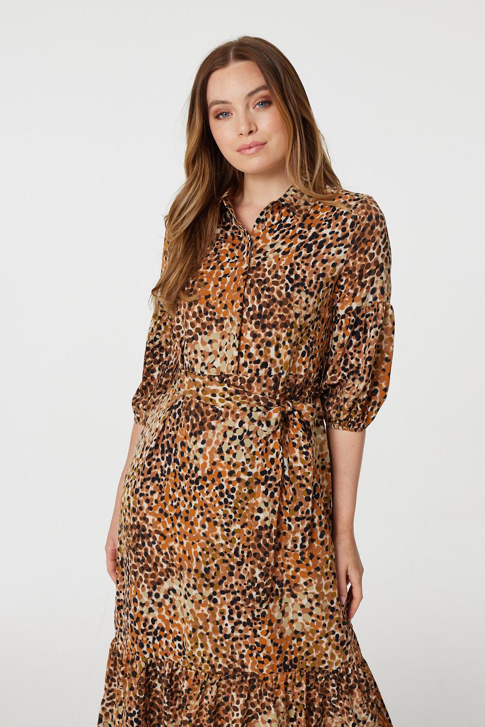 Brown | Animal Print Tiered Shirt Dress