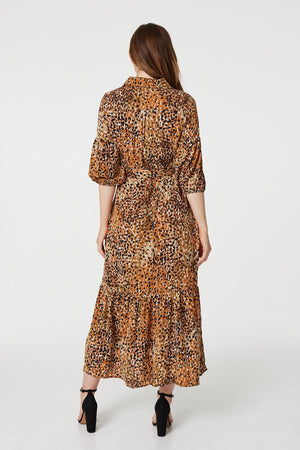 Brown | Animal Print Tiered Shirt Dress